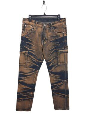 Distressed Brown & Black Cargo Jeans Size 32 Cotton Blend Made In China